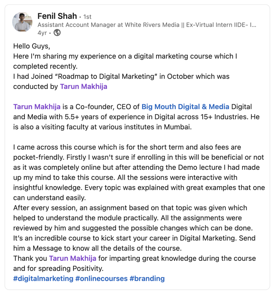 Fenil - feeedback for the roadmap to Digital Marketing course by Tarun Makhija | TARUNSPEAKS